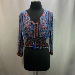 Gypsy Love‎ Peplum Top Womens Small Blue Floral Smocked Waist Tie Front V Neck